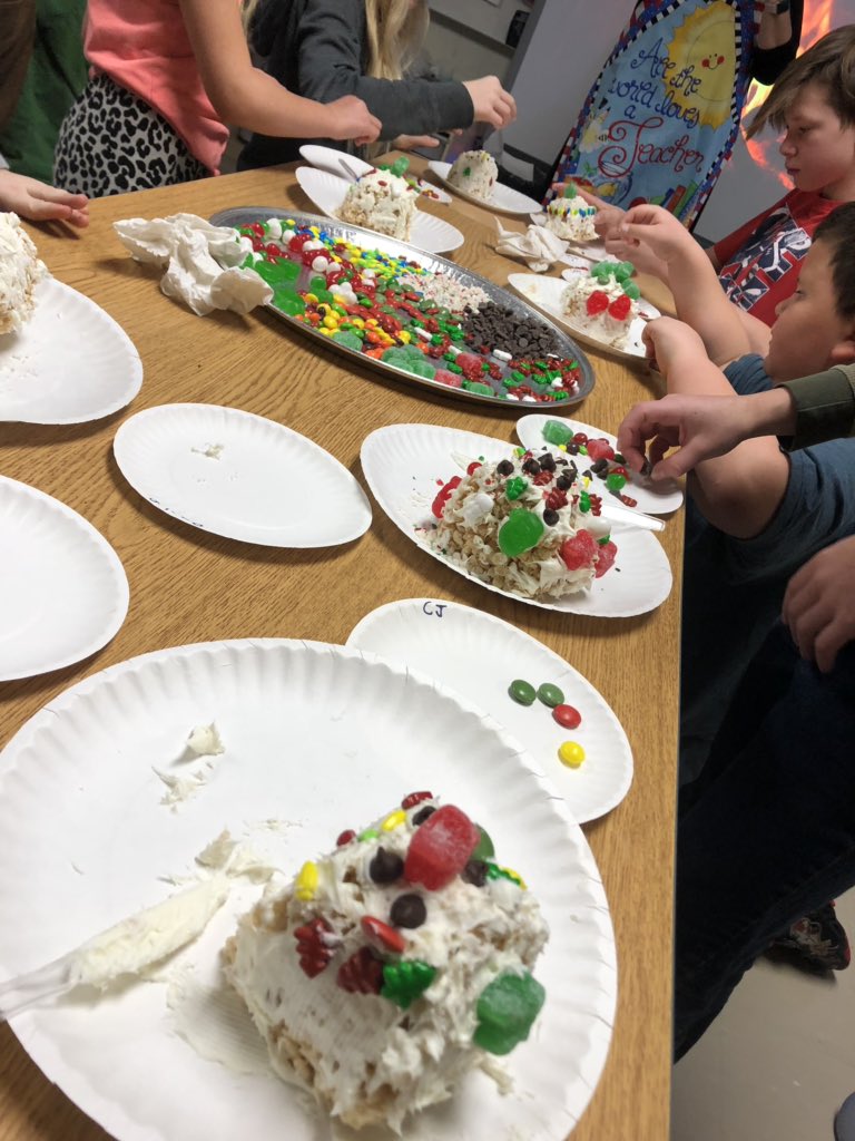 REMSJourneys's tweet photo. Happy National Gingerbread House Day! @Mrs_B_Room1 and their grade 6/7 buddies were hard at work constructing and decorating this morning. https://t.co/5lQCfKhget