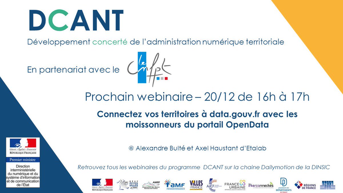Programme__TNT's tweet photo. 🗓️[Webinaire #DCANT] Jeudi 20/12 à 16h : "Connectez vos territoires à https://t.co/YvHJnooa5J grâce aux moissonneurs du portail Opendata". Une heure pour échanger et poser vos questions ! 💬 
👉Rdv sur https://t.co/fjMHxukmZJ 
#CollTerr @_DINSIC @Etalab @opendata_fr https://t.co/mZrw7nnqgj