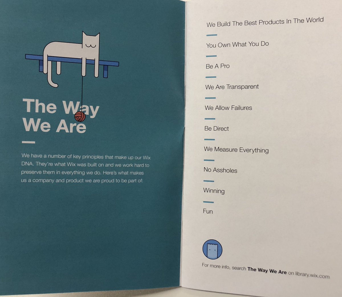 NoaMatz's tweet photo. A welcome handbook I found @wix office in Kiev. The perfect way for companies to expose new employees to the company culture - declare who you are! https://t.co/pfaMd18tKQ