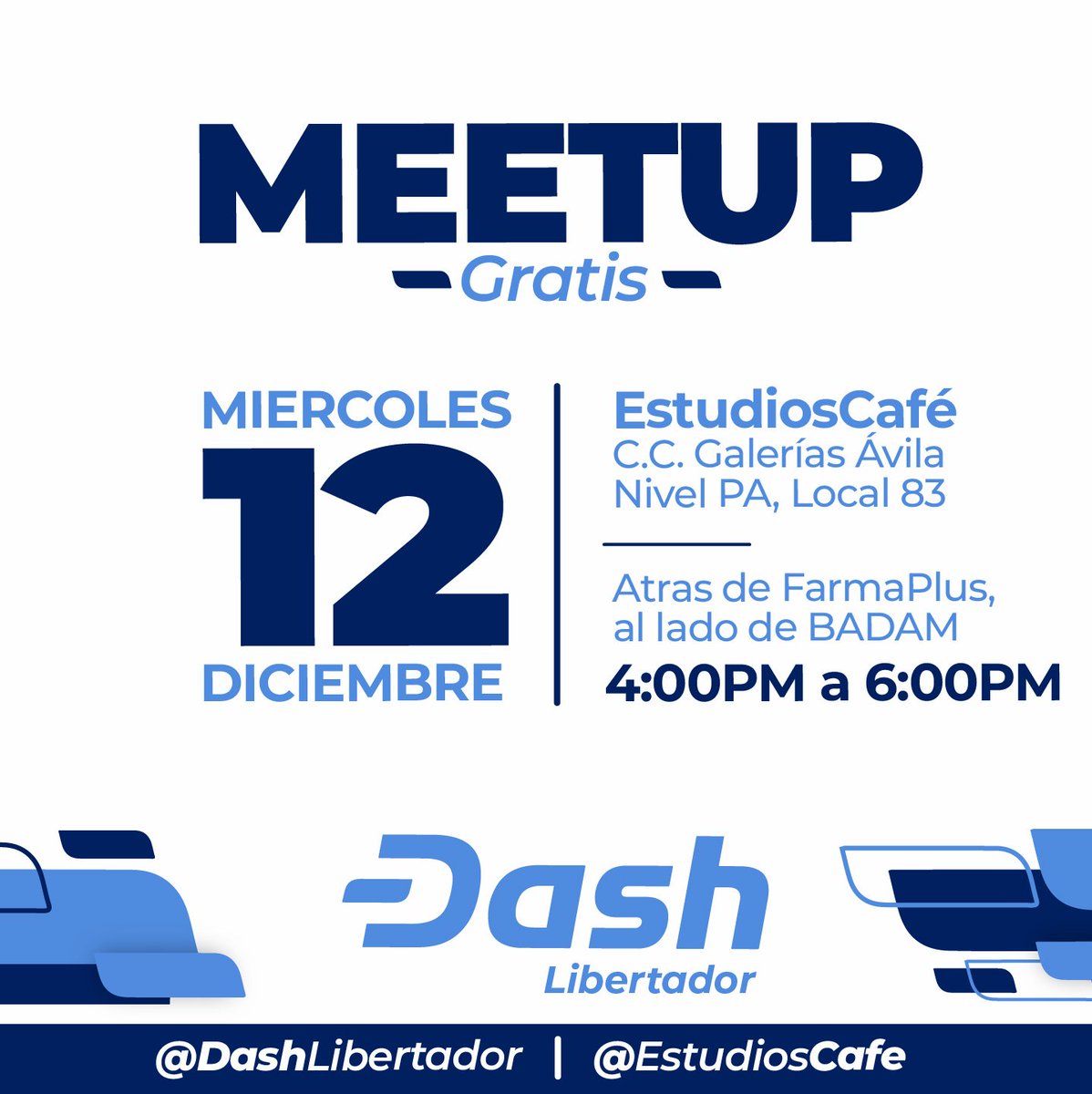 Este miércoles #12Dic te esperamos en <a href="/estudioscafe/">estudioscafe</a> para hablar del futuro de la economía digital con #Dash Dinero Digital. #blockchain #Caracas #Venezuela #Crypto #crypto #dash #dashvenezuela @Yoditar8 #emprendedores