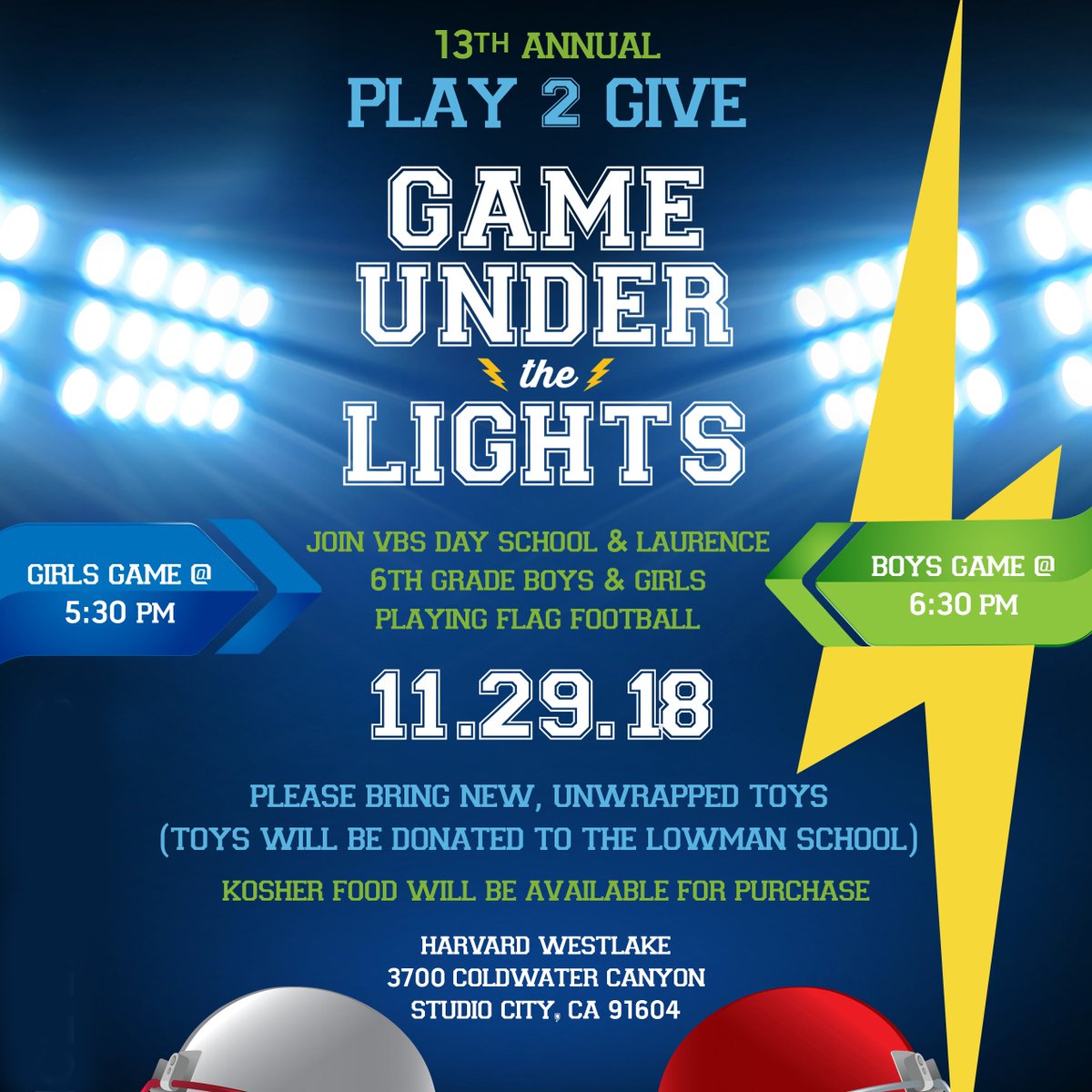 Our 6th Graders are competing against VBS TONIGHT, Dec. 12th, for the Golden and Bedazzled Bucket trophies! Come out to cheer them on! Girls play at 5:30 pm/Boys play at 6:30 pm, Harvard-Westlake Upper School campus. #laurencelightning #wednesdaynightlights #football