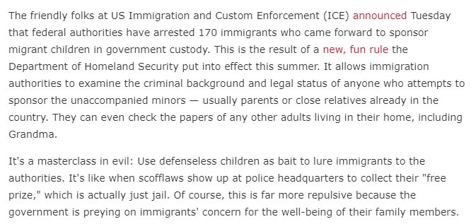 The Trump gov't put out a call, asking legal immigrants to sponsor some of the 1,000's of kids in cages. Desperate to help, 170 kind ppl stepped up, hoping to finally free the kid from captivity.
Turns out, it was a sting operation. Then came the arrests.
https://www.wonkette.com/totally-non-evil-ice-arrests-170-immigrants-trying-to-free-kids-from-baby-jails …