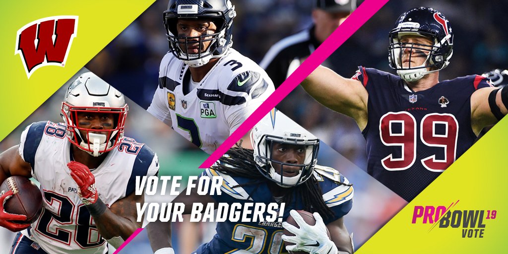 BadgerFootball's tweet photo. Hit that RETWEET button 🔁 to help #ProBowlVote for Badgers!

Melvin Gordon
J.J. Watt
James White
Russell Wilson

#OnWisconsin // #Badgers https://t.co/yFuJ8EIEDv