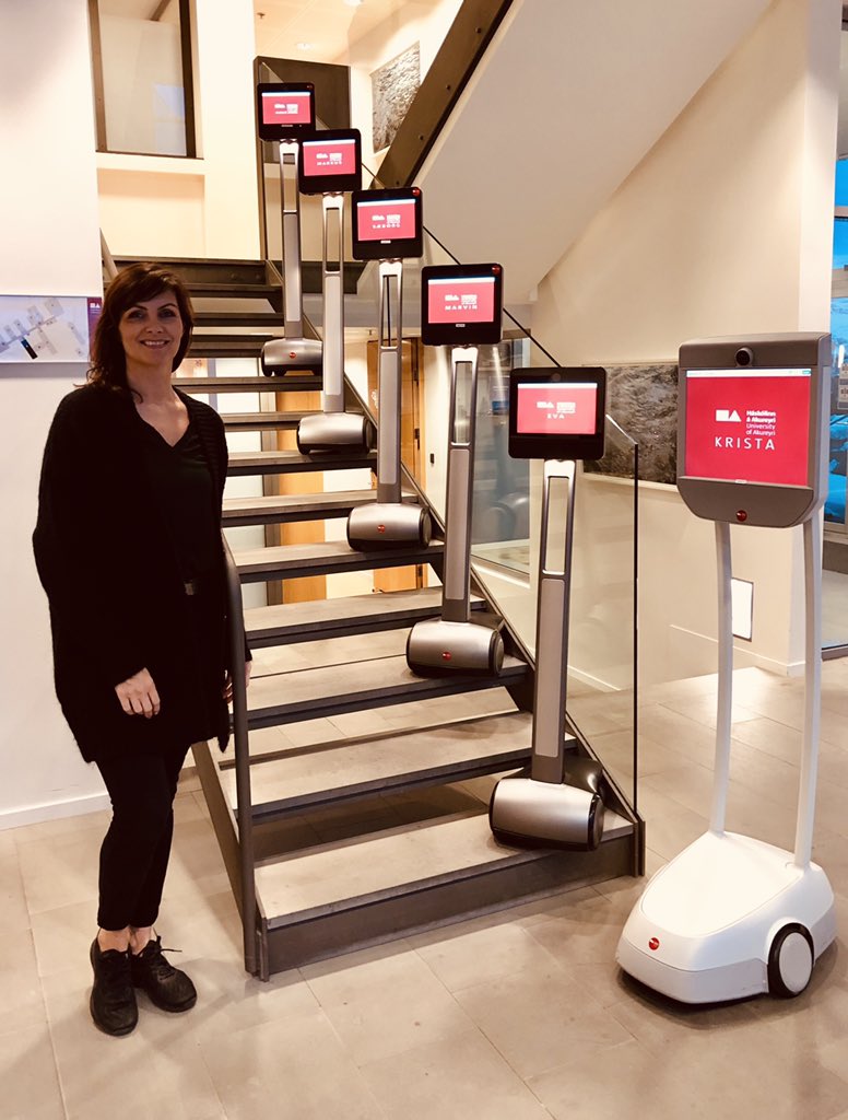 With Krista, Eva, Marvin, Sæborg, Markus and Auður Ársól. Our six telepresence robots from #Beam <a href="/suitabletech/">Beam Telepresence</a> So proud to be a part of this project at <a href="/kennslumidstod/">Kennslumiðstöð HA</a> <a href="/Haskolinn_Ak/">Háskólinn á Akureyri / University of Akureyri</a> They’re available both for students and staff at the University #menntaspjall #edtech #thisisnow