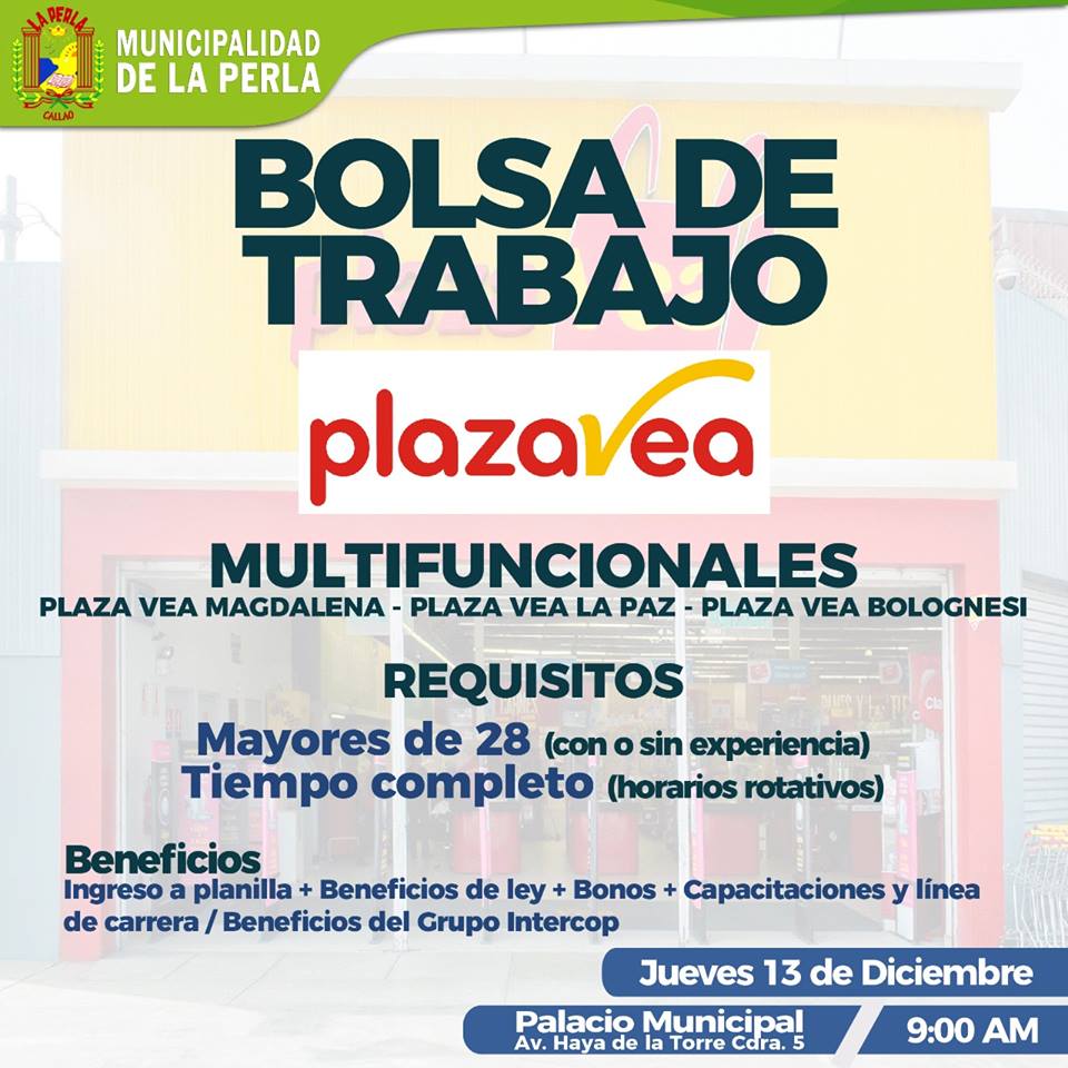 #ConvocatoriaLaboral I Reconocida empresa solicita personal. Se realizará en la Municipalidad de La Perla, desde las 9:00 a.m.
- Jueves 13 de diciembre.
#MuniLaPerla