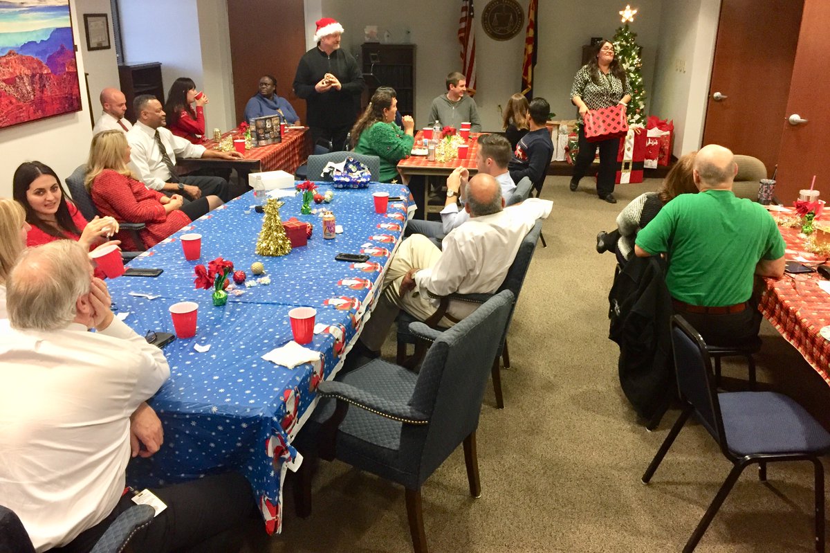 AZTreasury's tweet photo. Lots of coffee items, chocolate goodies, and Cardinals football gear at this year's annual holiday gift exchange at the Treasury.. we wamt to wish all Arizonans a wonderful holiday season from the folks at the state who handle your money #aztreasury @Eileen_Klein https://t.co/d5M8otKbH0