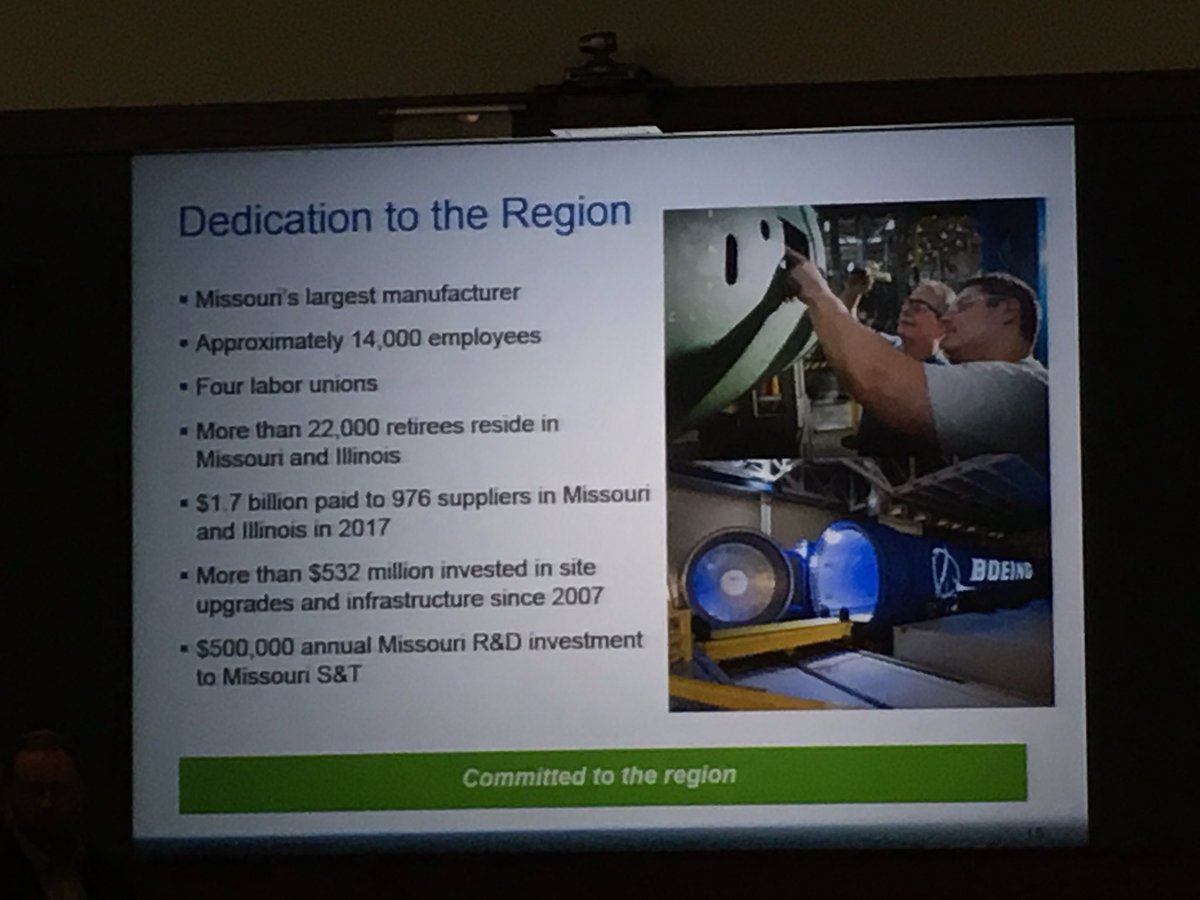 SaraForMissouri's tweet photo. The @Boeing Company is Missouri’s largest manufacturer & employs 14,000. Their aircraft production/systems are: Defense (23 percent), commercial (61 percent) & services (16 percent). They have three regional facilities: St. Louis, St. Charles & St Clair, IL. #moleg #freshmantour https://t.co/nl0czwReOC