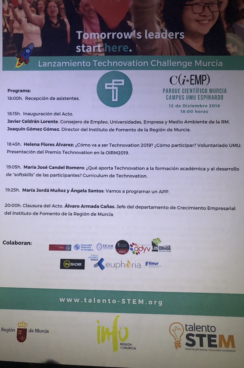 jacello's tweet image. Hemos lanzado #TechnovationChallenge MURCIA , programa de emprendimiento tecnológico para CHICAS 👩🏻👱🏼‍♀️👧🏻👩🏻‍🦰 de 10 a 18 años que tendrán que desarrollar una app que de soluciones a alguno de los retos para el #DesarrolloSostenible de @ONU_es ! 
#TalentoSTEM
#GirlsForAChange