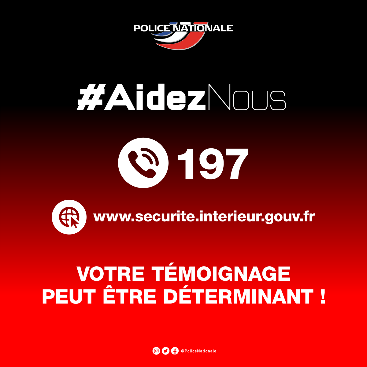 [#Strasbourg] Votre témoignage peut être déterminant. 
#AidezNous, contactez le 📞 197 - Alerte Attentat.
police-nationale.interieur.gouv.fr/Actualites/L-a…