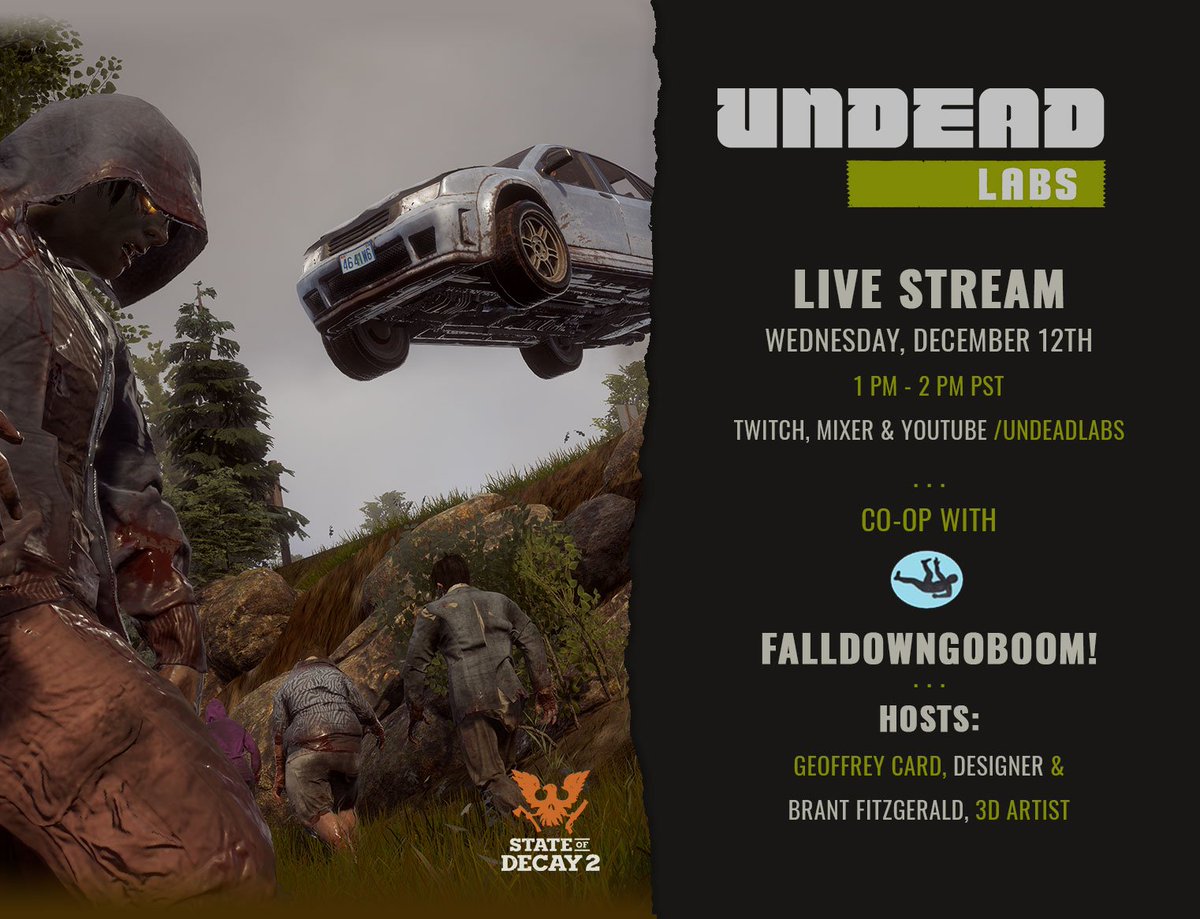 undeadlabs's tweet photo. Don't miss today's stream with @FalldownStream!
#Twitch: https://t.co/TxosEkAjQD
#Mixer: https://t.co/hvGp0Ic7ZX
#YouTube: https://t.co/wD0Hj8OOUZ
#stateofdecay2 #undeadlabs #zedhunterupdate https://t.co/sbhW9MLUK6