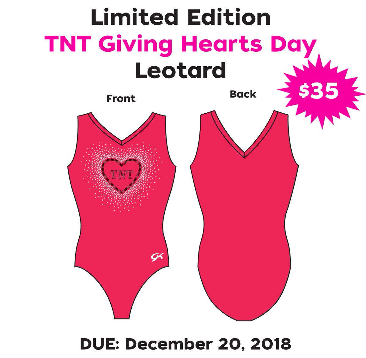 TNTKidsFitness's tweet photo. TNT is selling limited edition @GivingHeartsDay leotards! Help TNT celebrate GHD and Valentine's day by ordering one of these for your little gymnasts. Order forms can be picked up at the front desk and need to be turned in no later than December 20th! https://t.co/pN6lrVkZBr