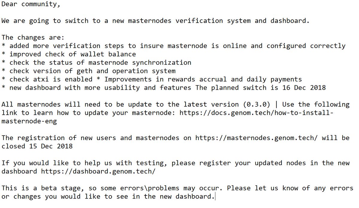 Masternodes need to be updated. Information can be found below or in the announcements section of our discord discord.gg/8JpVesF - docs.genom.tech/how-to-install…