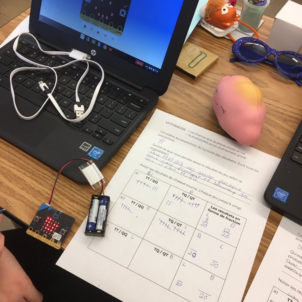 jbm205's tweet image. Ss programmed a coin toss simulator w/ @microbit_edu, used for a lesson in data tracking, probability and converting fractions to percentages. Next up - paper, rock, scissors. Thx @mraspinall for the ideas. #jbmlearners #WinnipegSD #beyondhourofcode
