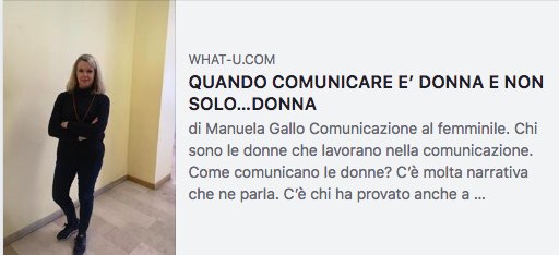 "Quando comunicare è donna e non solo...donna." Felice di aver potuto raccontare la mia esperienza professionale e personale su WHAT-U.COM al fianco di donne, professioniste, gigantesche. Grazie <a href="/vassallopat/">Patrizia Vassallo</a> e Manuela Gallo. bit.ly/2EjccYF