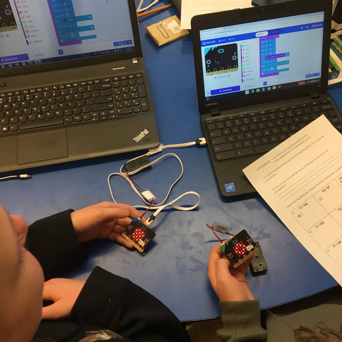 jbm205's tweet image. Ss programmed a coin toss simulator w/ @microbit_edu, used for a lesson in data tracking, probability and converting fractions to percentages. Next up - paper, rock, scissors. Thx @mraspinall for the ideas. #jbmlearners #WinnipegSD #beyondhourofcode