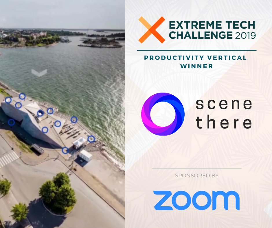 ExTechChallenge's tweet image. Congrats to @SceneThere 🎉 Selected by @ericsyuan +  @Janine_Pelosi of #XTC2019 sponsor @zoom_us as winner of the #Productivity Vertical, this #VR publishing platform lets 360 filmmakers create interactive, immersive, realistic VR worlds in video.  buff.ly/2rxppFl