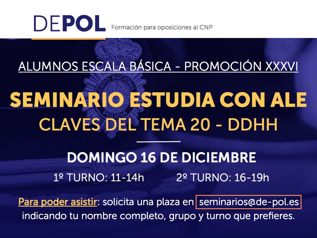 DePolAcademia's tweet photo. SEMINARIO ESTUDIA CON ALE - TEMA 20 DDHH

Para asistir escribidnos un mail indicando vuestro nombre completo y grupo.

El 1º turno está COMPLETO, quedando plazas solo para el 2º turno (16-19h). Recordad que las reservas son por orden de recepción del mail.

#opocnp #depoler #eb36 https://t.co/qzJI6NAAsX