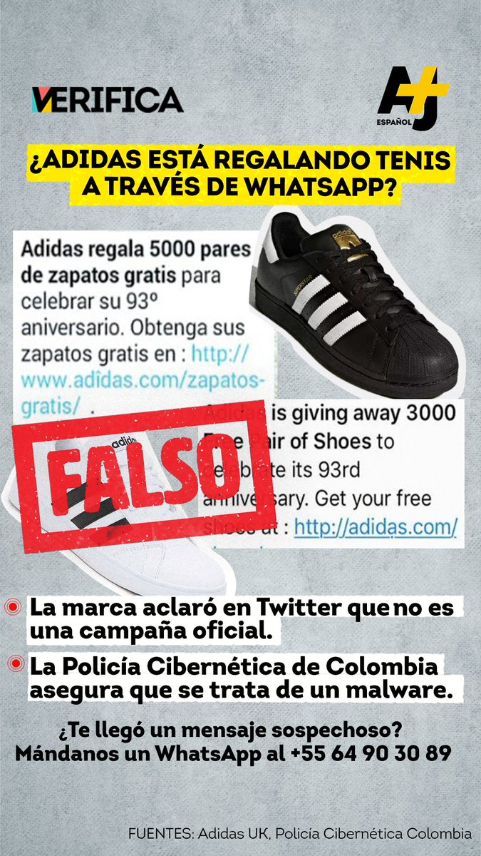 Tamano relativo Absoluto Decisión AJ+Español on Twitter: "Anda rondando por WhatsApp este fraude sobre tenis Adidas  gratis. Primer paso: no hagas click en ningún link. Segundo paso: pásale  esta tarjeta a tus contactos para prevenirlos. Tercer