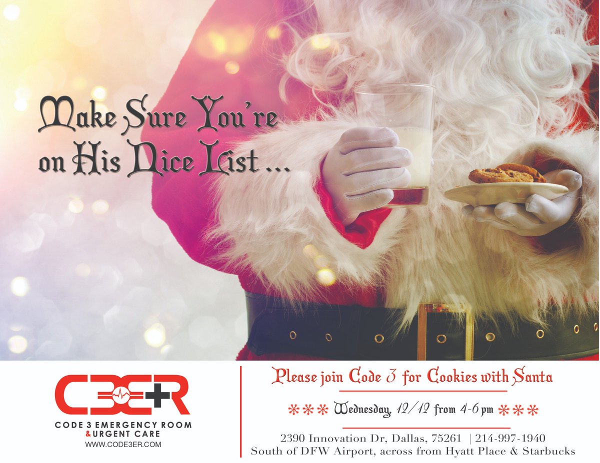 code3ER's tweet image. Has anyone asked Santa what HE wants for Christmas? Find out for yourself! Join Code 3 today at our DFW Airport location for cookies with the Jolly Old Elf himself! @DFWAirport #cookieswithsanta #holiday #santa