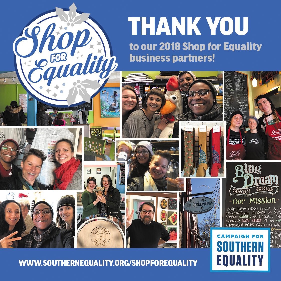 SouthernEqual's tweet photo. A warm THANK YOU from all of us here for dozens of Asheville businesses' participation in #ShopForEquality 2018! Every dollar raised will go directly toward advancing LGBTQ equality in the South! RT to join us in thanking these great businesses! #LGBTSouth #AVLnews #ShopAVL https://t.co/vFtFRz8z3O