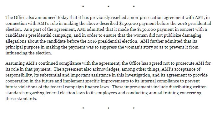 BREAKING: Prosecutors: AMI, National Enquirer's parent company, admitted it made $150,000 Cohen payment “in concert” with “a candidate’s presidential campaign” in order to “ensure that the woman did not publicize damaging allegations about the candidate before' 2016 election.