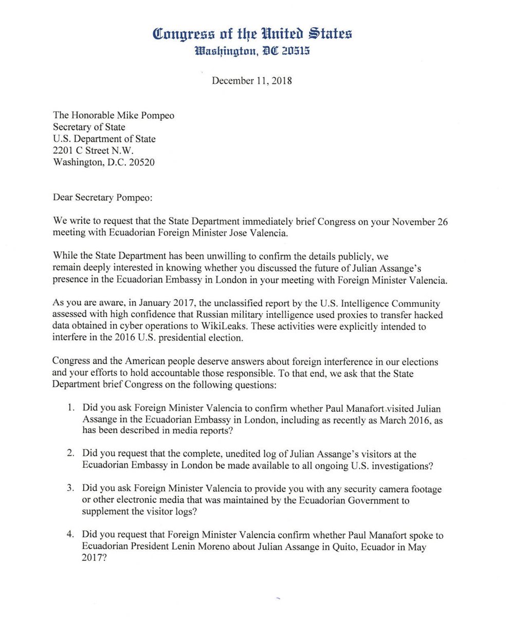 SenatorDurbin's tweet image. I joined Senate and House Democrats asking for a briefing on Sec. Pompeo’s meeting with the Ecuadorian Foreign Minister. We need to know when Julian Assange’s hiding at the Ecuadorian embassy will finally end and who he might have met with while there.