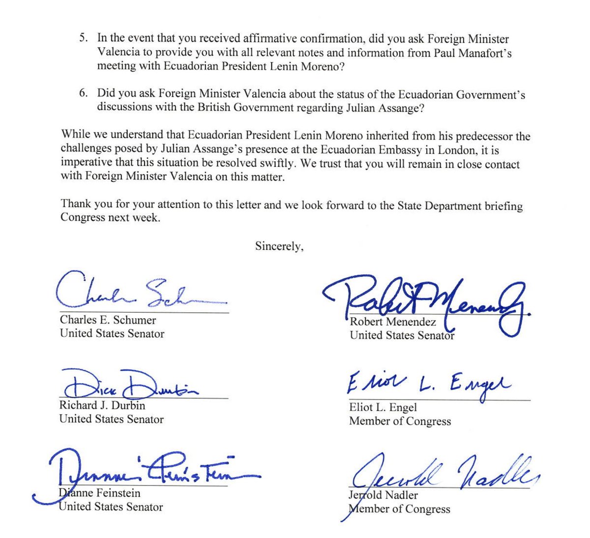SenatorDurbin's tweet image. I joined Senate and House Democrats asking for a briefing on Sec. Pompeo’s meeting with the Ecuadorian Foreign Minister. We need to know when Julian Assange’s hiding at the Ecuadorian embassy will finally end and who he might have met with while there.