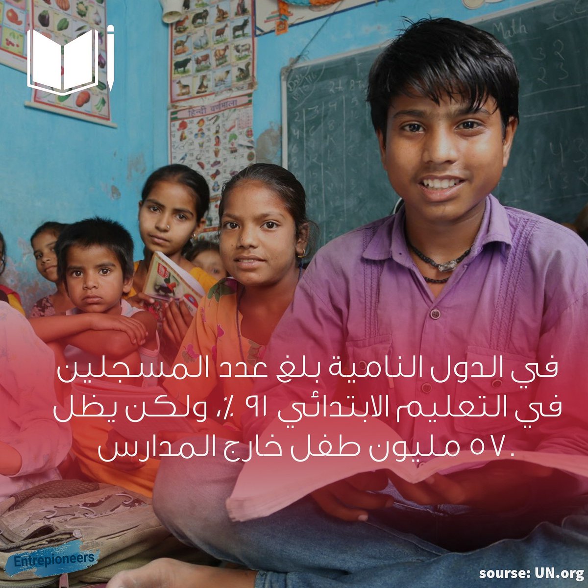 Entrepioneers2's tweet photo. مارأيكم بهذه الاحصائيات؟
🔴▶Enrolment in primary education in developing countries has reached 91 per cent but 57 million primary age children remain out of school.
#SDG4 #QualityEduaction #Entrepioneers2030 https://t.co/xHJ7Ktz6mm