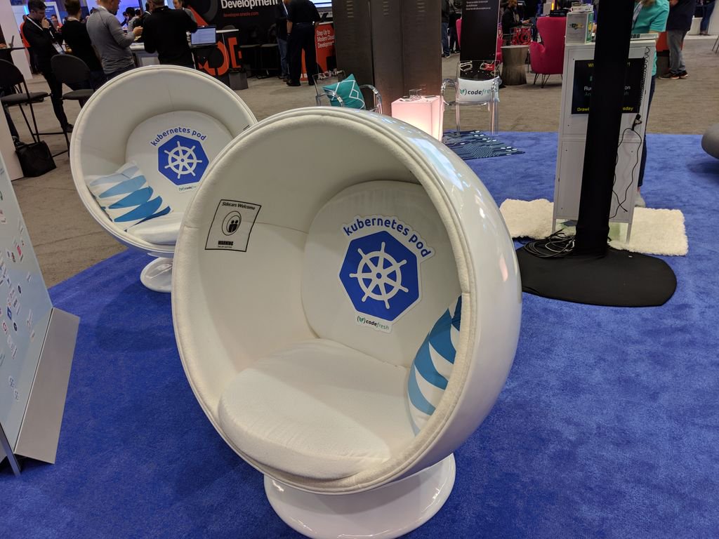 codefresh's tweet photo. The best place to sit at #Kubecon is in one if these #K8s pods in the Codefresh lounge. Sidecars welcome. #wemesh #kubecon #kubecon2018 #CloudNative https://t.co/TntGeC4yhR