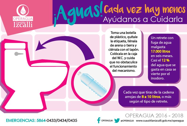 AYÚDANOS A CUIDAR EL AGUA... CADA VEZ HAY MENOS!!!
Coloca un bote con arena sellado dentro del tanque de sanitario... ahorrarás litros de agua en cada descarga