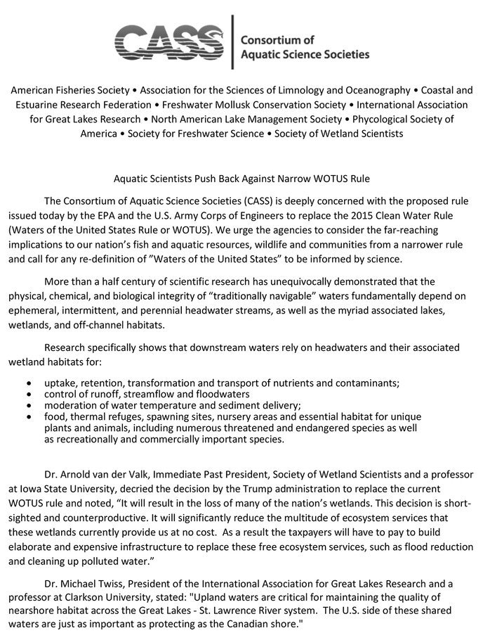 The Society for Freshwater Science has signed on to a statement opposing changes to the Waters of the United States Rule which reduces protections for wetlands and intermittent streams