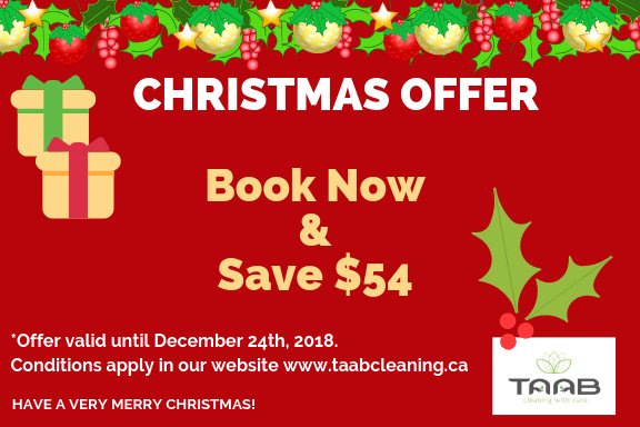 TAABCleaning's tweet photo. Get Professional Cleaning Service from TAAB Cleaning Inc..
Christmas offer- Book Now &amp; Save $54. Call us +1-416-901-7090 or visit-https://t.co/g9o4lPuXZY
#cleaningcompany, #commercialcleaning, #residentialcleaning, #cleaningservice, #Carpetcleaning #boatcleaning #postconstruction https://t.co/J6SJsW00pQ