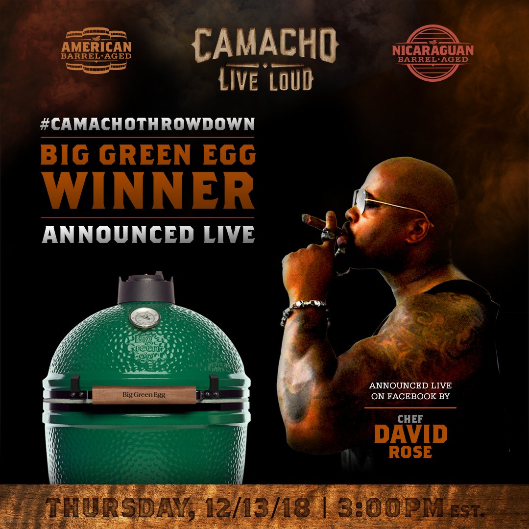 LAST CHANCE! Contest ends today at 11:59 EST and a winner will be selected.  
Post a photo of how you pair your favorite Camacho cigar with #CamachoThrowdown for a chance to win a #BigGreenEgg. Winner announced tomorrow at 3PM EST on FB /camachocigars