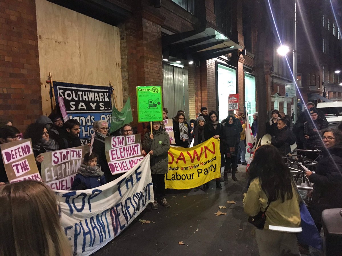 OccupyElephant's tweet photo. Noisy and vibrant turnout here outside @lb_southwark even on a cold December night were here to say Stop The Elephant Development // Social Housing Not Cleansing 🐘🐘🐘 https://t.co/xzpkXBLn9Q