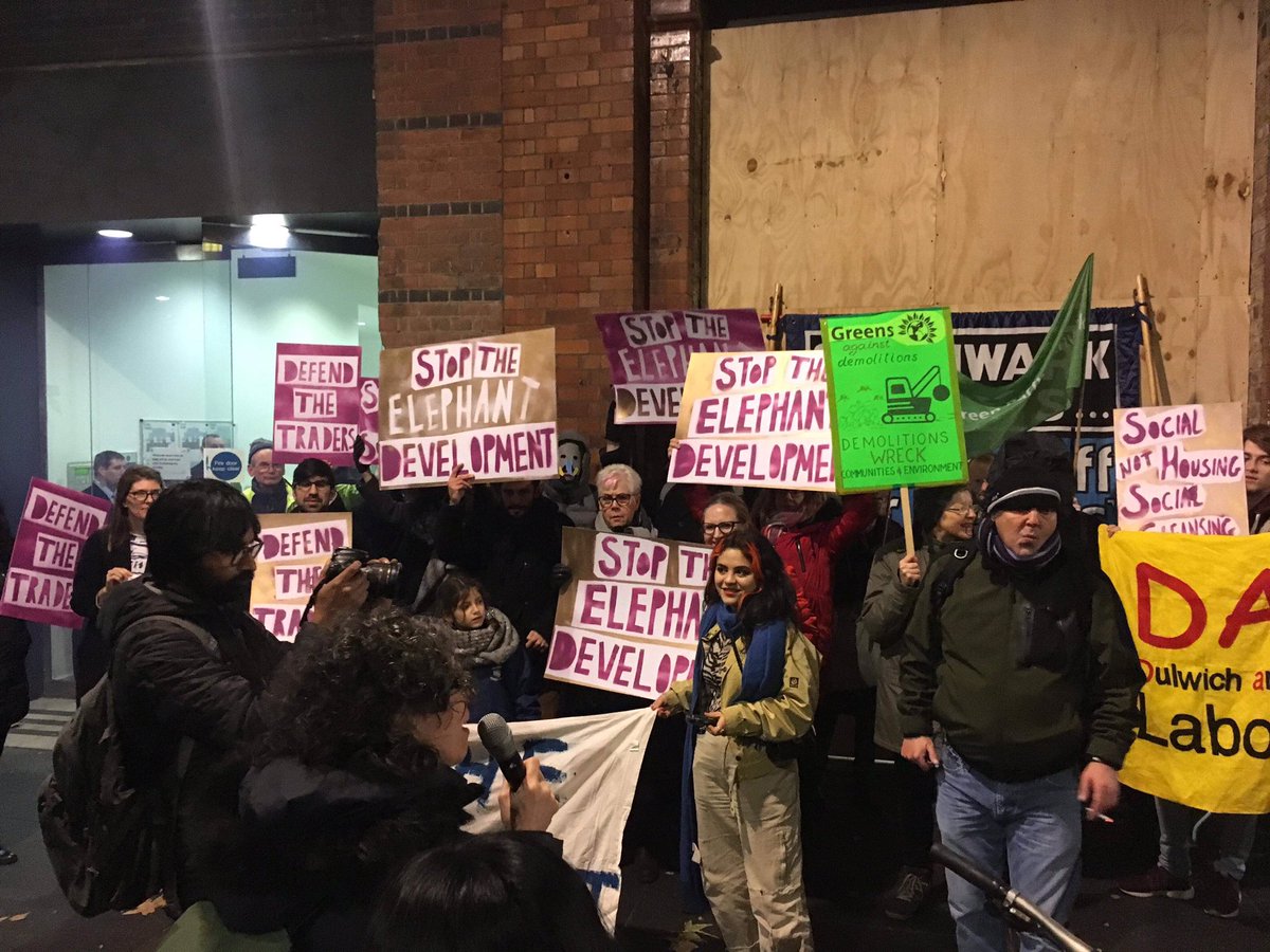 OccupyElephant's tweet photo. Noisy and vibrant turnout here outside @lb_southwark even on a cold December night were here to say Stop The Elephant Development // Social Housing Not Cleansing 🐘🐘🐘 https://t.co/xzpkXBLn9Q