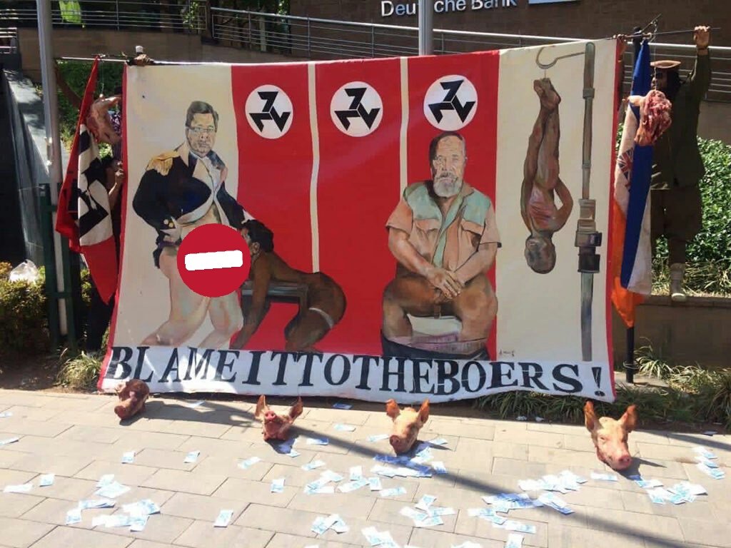 Undlunkulu_Xoli's tweet photo. Remember when Ayanda Mabulu drew Former Presidents Jacob Zuma and Nelson Mandela? We were told it's Art, Satire, Figurative.. etc... 

It's no longer art when he draws white people huh? They've thrown him straight to jail. Hypocrisy. 🙄 https://t.co/om3aW9llla