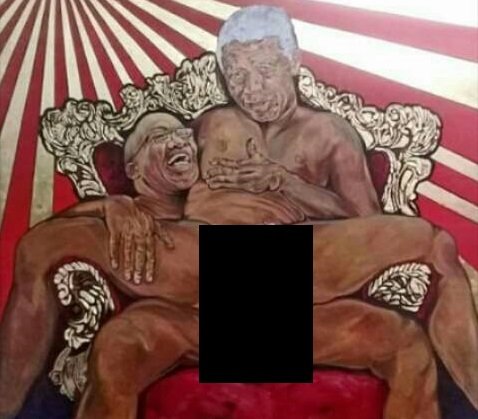 Undlunkulu_Xoli's tweet photo. Remember when Ayanda Mabulu drew Former Presidents Jacob Zuma and Nelson Mandela? We were told it's Art, Satire, Figurative.. etc... 

It's no longer art when he draws white people huh? They've thrown him straight to jail. Hypocrisy. 🙄 https://t.co/om3aW9llla