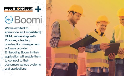 boomi's tweet image. We&apos;re excited to share our new embedded / #OEM partnership with @procoretech that will allow the company to connect to customers various systems and applications with greater ease and efficiency than ever! Welcome to our team Procore! #BoomiPartners #transformationpartner