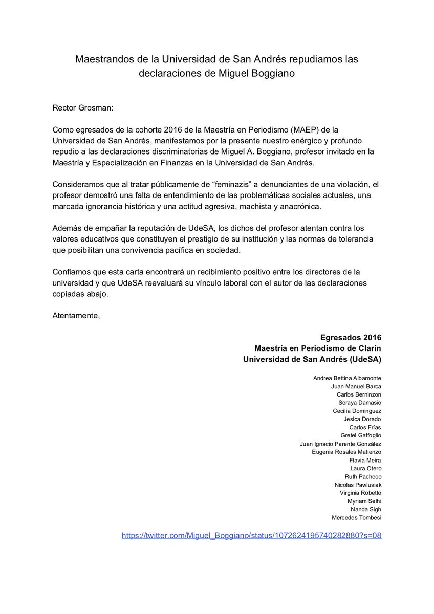 helloallohola's tweet photo. Decirles "feminazis" a denunciantes de una violación no va. Egresadas y egresados de periodismo de @UdeSA repudiamos los dichos del profesor @Miguel_Boggiano. 
#MiraComoNosPonemos #MaepNoSeCalla #NiUnaMenos #NoEsNo #FueraBoggiano @actrices_arg @MaePeriodismo https://t.co/HSayDFdCC2