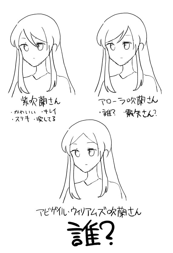 こんにちは、紫吹蘭警察です。紫吹蘭さんの髪型を間違える行為は法律で禁止されています。皆さんも紫吹蘭さんの髪型の向きを間違えずに描きましょう。 
