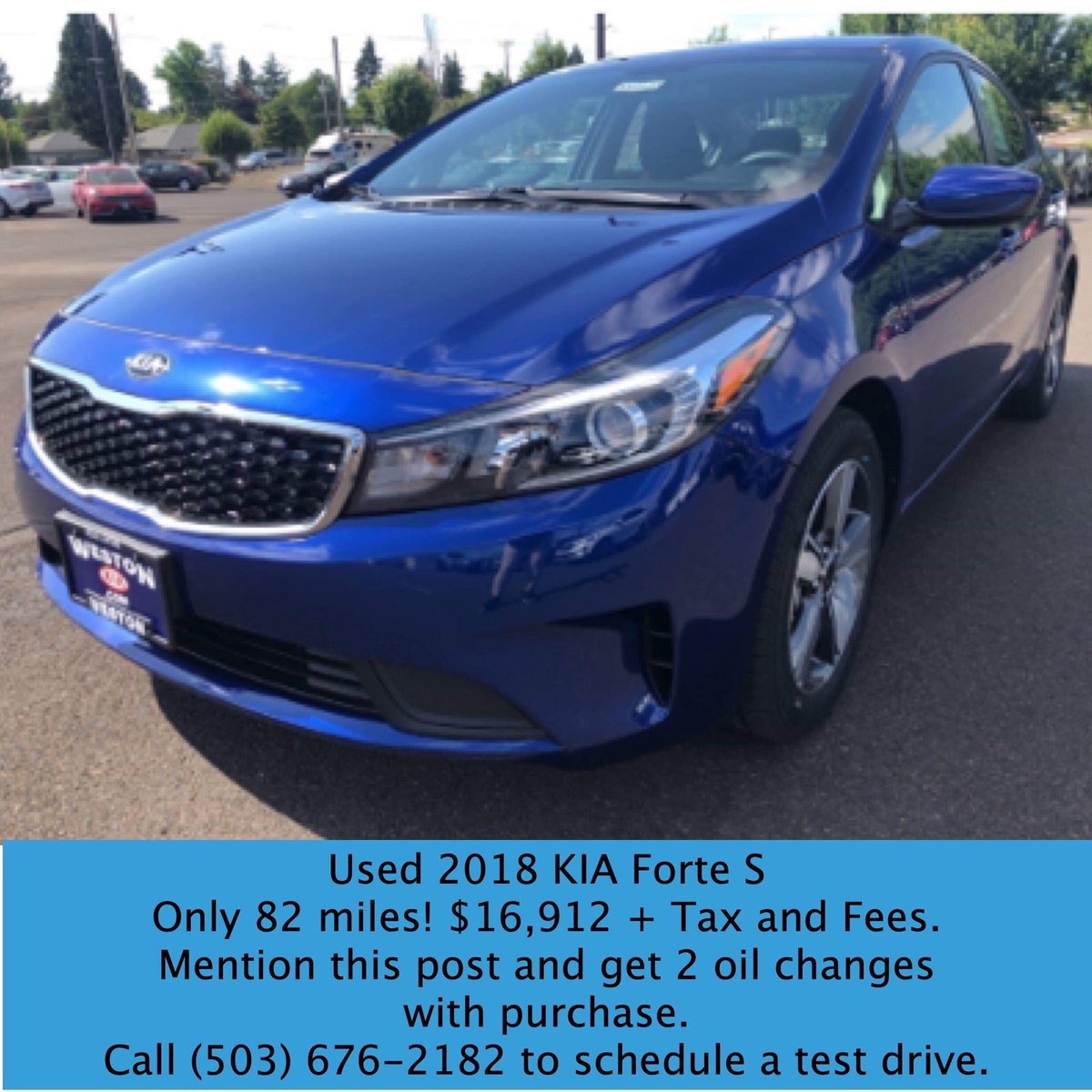 Used 2018 KIA Forte S
82 miles. $16,912 + tax and fees.
Mention this post to get 2 free oil changes with purchase.
#WestonKIA
22309 SE Stark St
#Gresham #Oregon
(503) 676-2182
#KIA #Forte #KIAForte 
#EveryoneWinsAtWeston #PDX
#Portland #Vancouver #PNW
