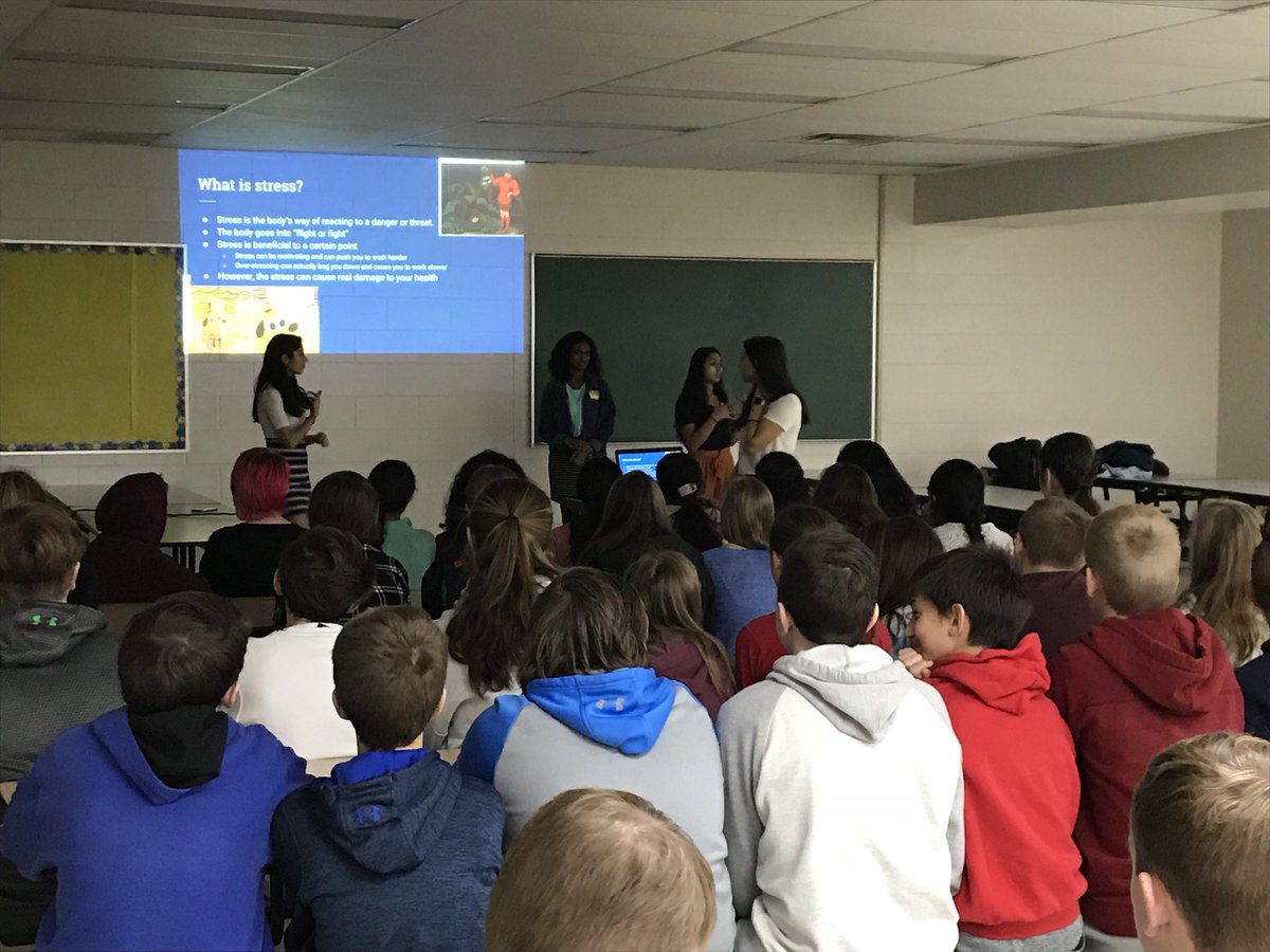 SMSwiz's tweet photo. Members of @hosa_ohs, including 3 former #i3STEM stus, gave a Mental Health Awareness presentation focused on stress and anxiety to our stus today followed by station activities including stress ball making. Thanks ladies! @ShanahanMS https://t.co/o6k3etdKWO