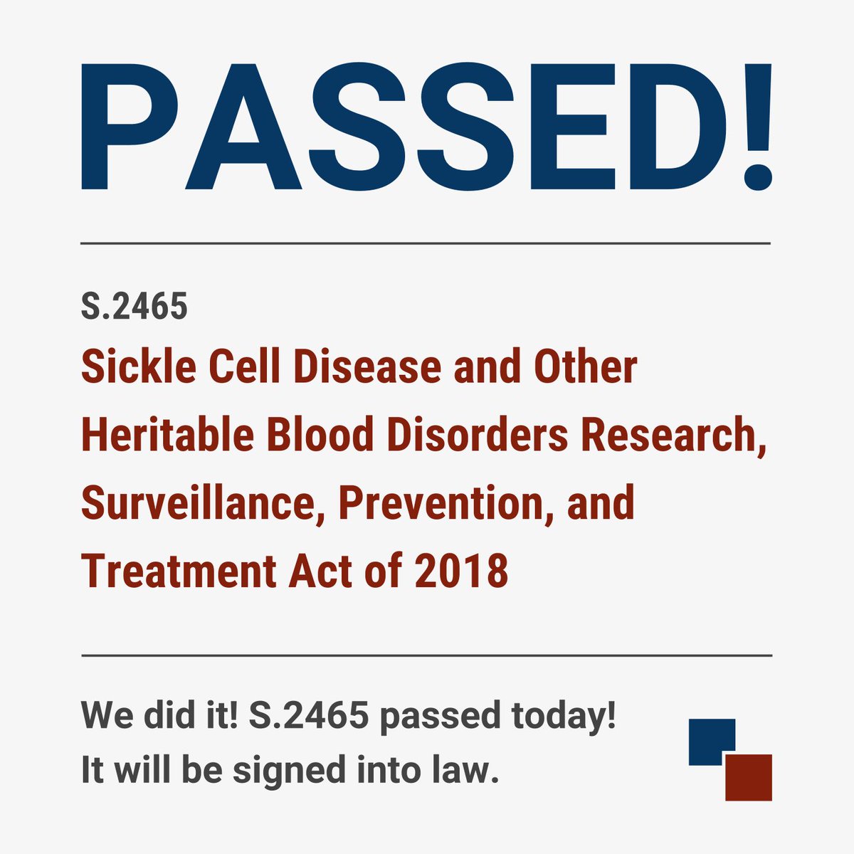 SCDAAorg's tweet photo. The Sickle Cell Treatment Act of 2018 passed! The bill represents a significant win and step forward for the sickle cell community. Thank you for your support! @ASH_hematology @SickCells @sicklecell101 @SCDForum @boldlips4SCD @EveryLifeOrg Read more below! https://t.co/1nASpI3lkB https://t.co/WynUZ8vA74
