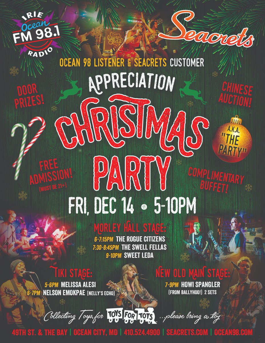 This Friday is the #Seacrets &amp; #Ocean98 #ChristmasParty! Complimentary buffet, 7 live bands, tons of door prizes and Chinese auction items! seacrets.com/christmasparty