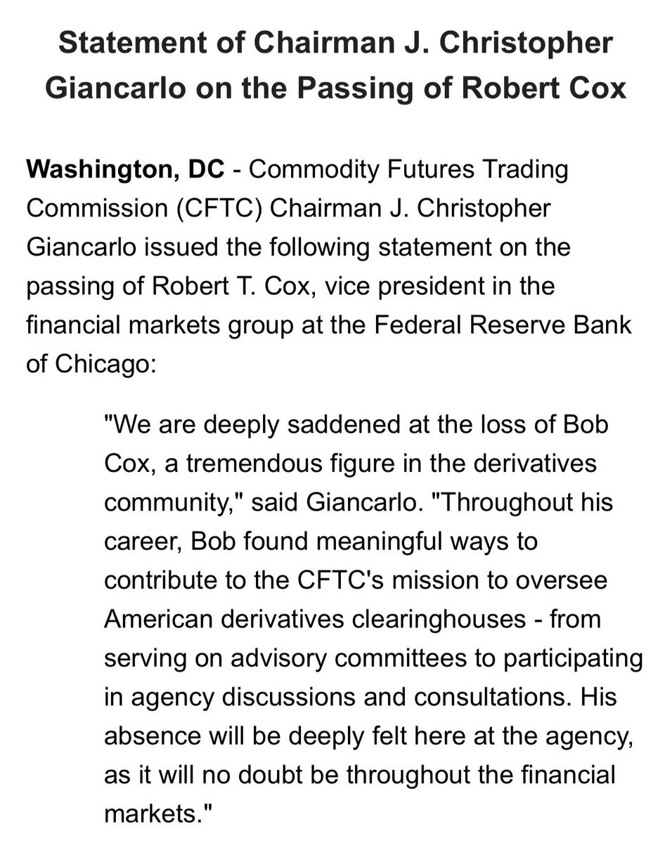 Statement of Chairman @giancarloCFTC on the Passing of Robert Cox