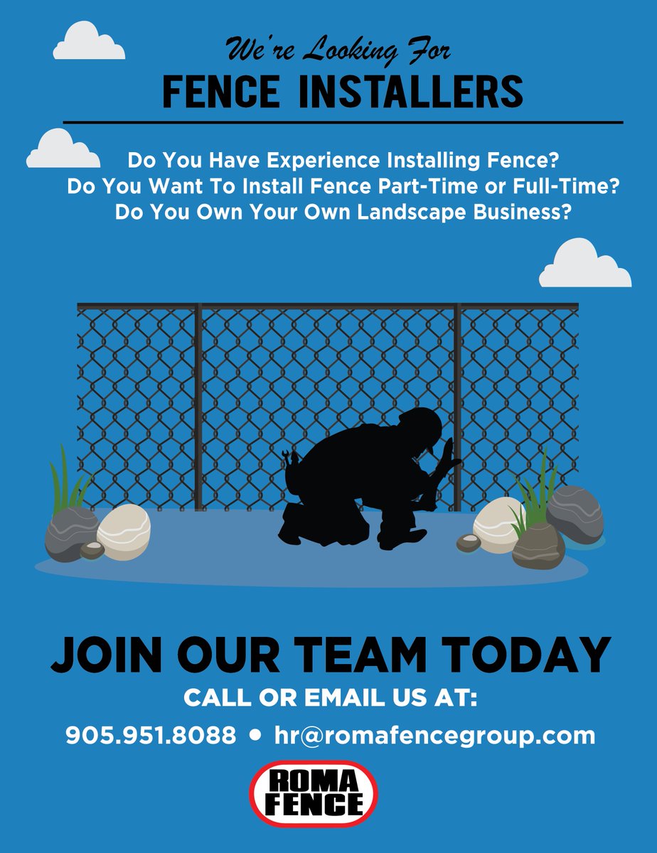 RomaFence's tweet photo. We're growing our team! Come join the Roma team for the 2019 fence season!π πͺ π #hiring #jobs #jobposting #romafence #fenceinstaller #fence #romateam https://t.co/fnn9rJlFJ4