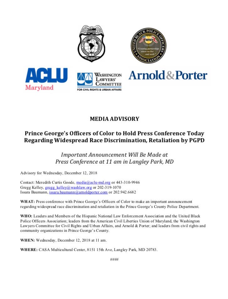 UMD_CRI's tweet photo. Today the Critical Race Initiative stood in solidarity with the Hispanic&amp; United Black Police Officers Associations. With the support of the Washington Lawyers’ Committee, ACLU, &amp; NAACP, they have filed a lawsuit against the PG County Police Department for racial discrimination. https://t.co/1JZeW18B2e