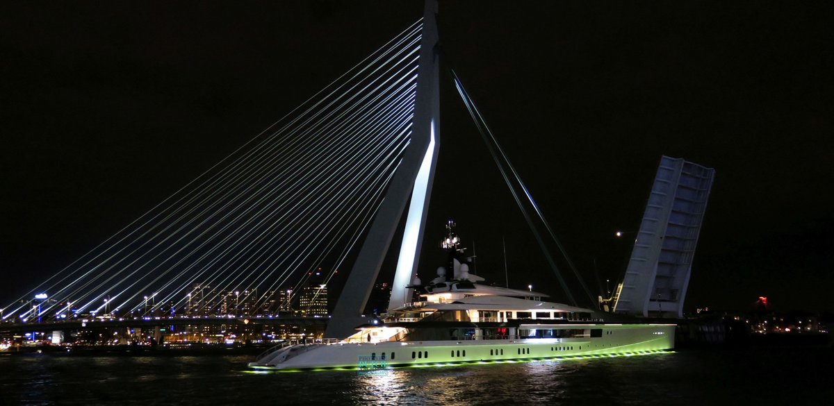 Dutchyachting's tweet photo. The 109m/ 357’7” #ProjectBravo returned to the #shipyard after having several days of #seatrials tonight. Photos by @DutchYachting https://t.co/EN7ncedpf3