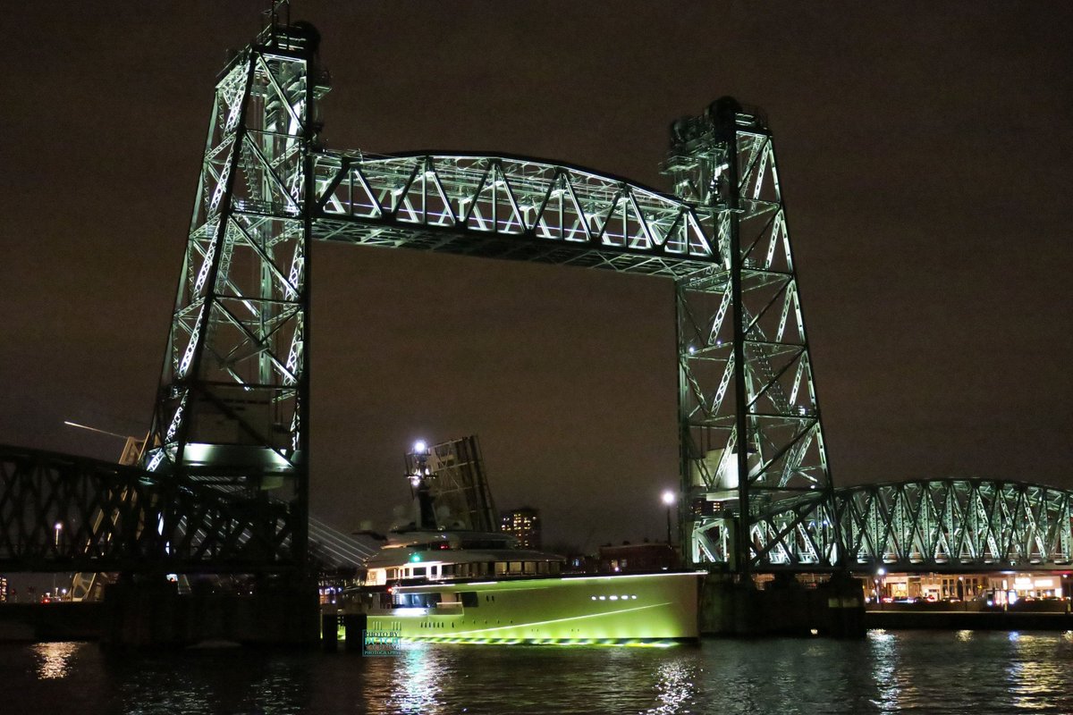 Dutchyachting's tweet photo. The 109m/ 357’7” #ProjectBravo returned to the #shipyard after having several days of #seatrials tonight. Photos by @DutchYachting https://t.co/EN7ncedpf3