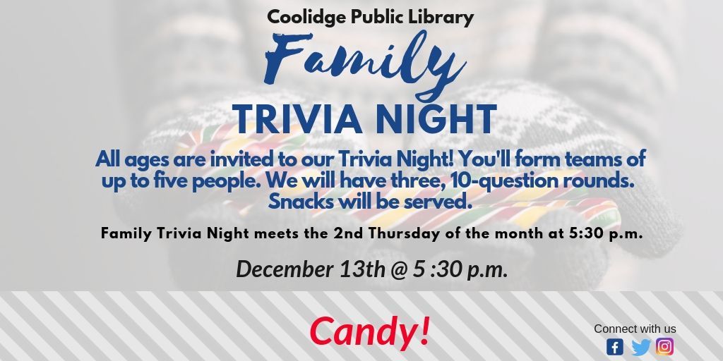 CoolidgeLibrary's tweet photo. How well do you know candy? Find out at our Family Trivia Night on Thursday at 5:30 p.m. Bring your team of five and your candy knowledge. We can pair you up with a team if you don't have one. There might be samples! #Trivia #CandyTrivia #CoolidgeAZ https://t.co/EaeaozEWQU